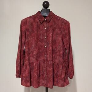 LOGO by Lori Goldstein Red Button Front Tunic Top Blouse Size Small Peplum Flowy